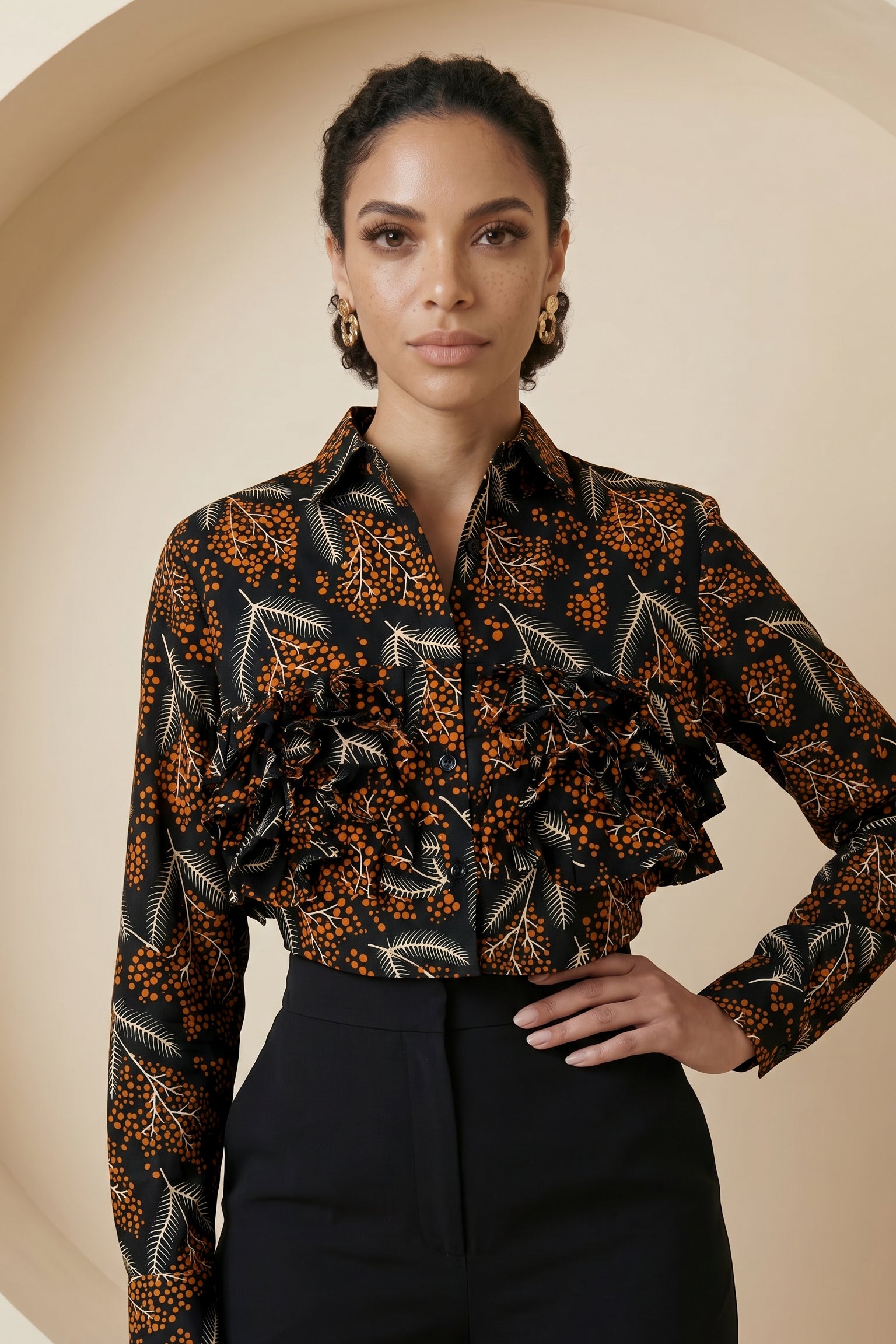 Oriva Print Ruffle Cropped Shirt