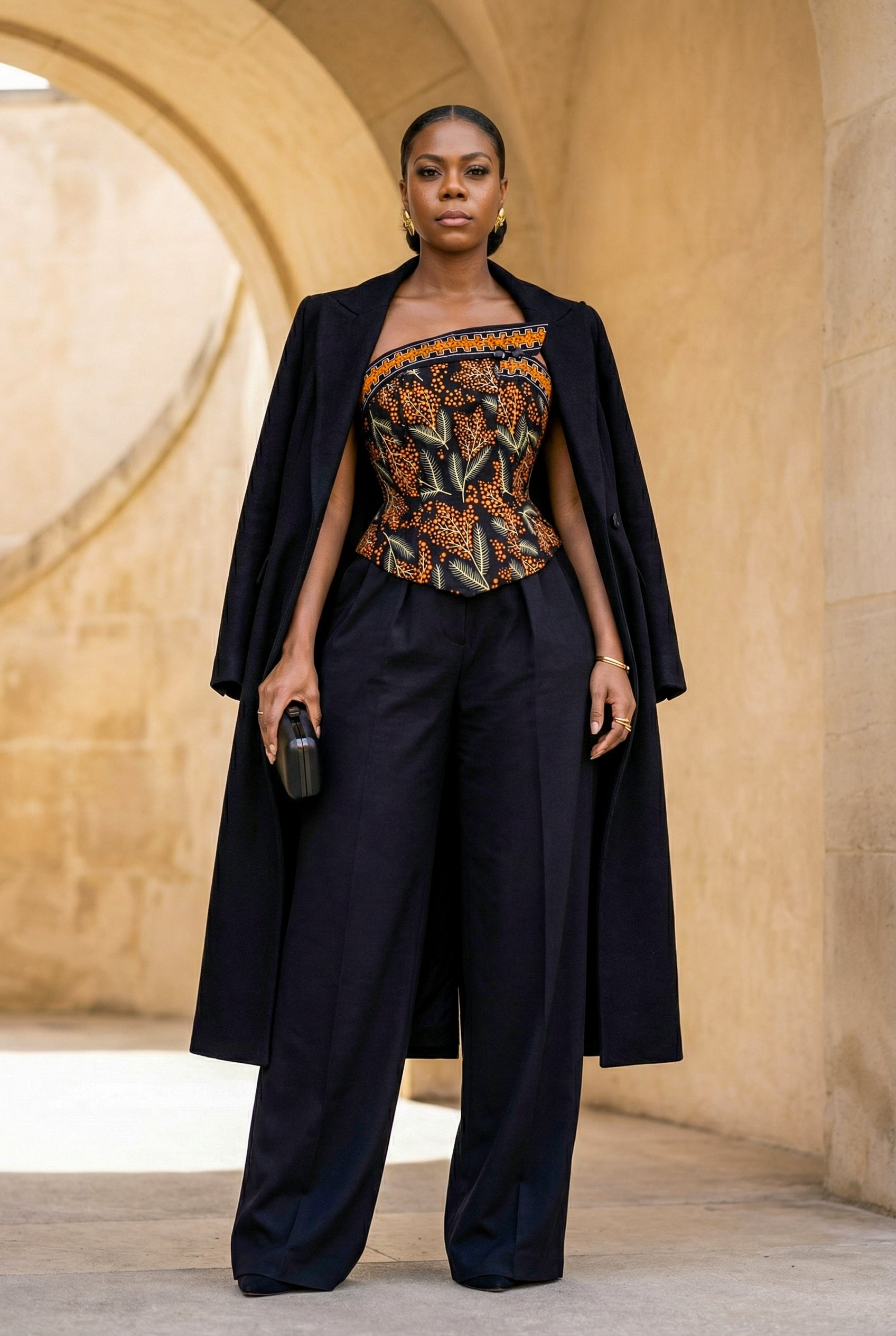 Woman in a stylish outfit with a long black coat, patterned top, and wide-leg pants standing in front of a stone archway.