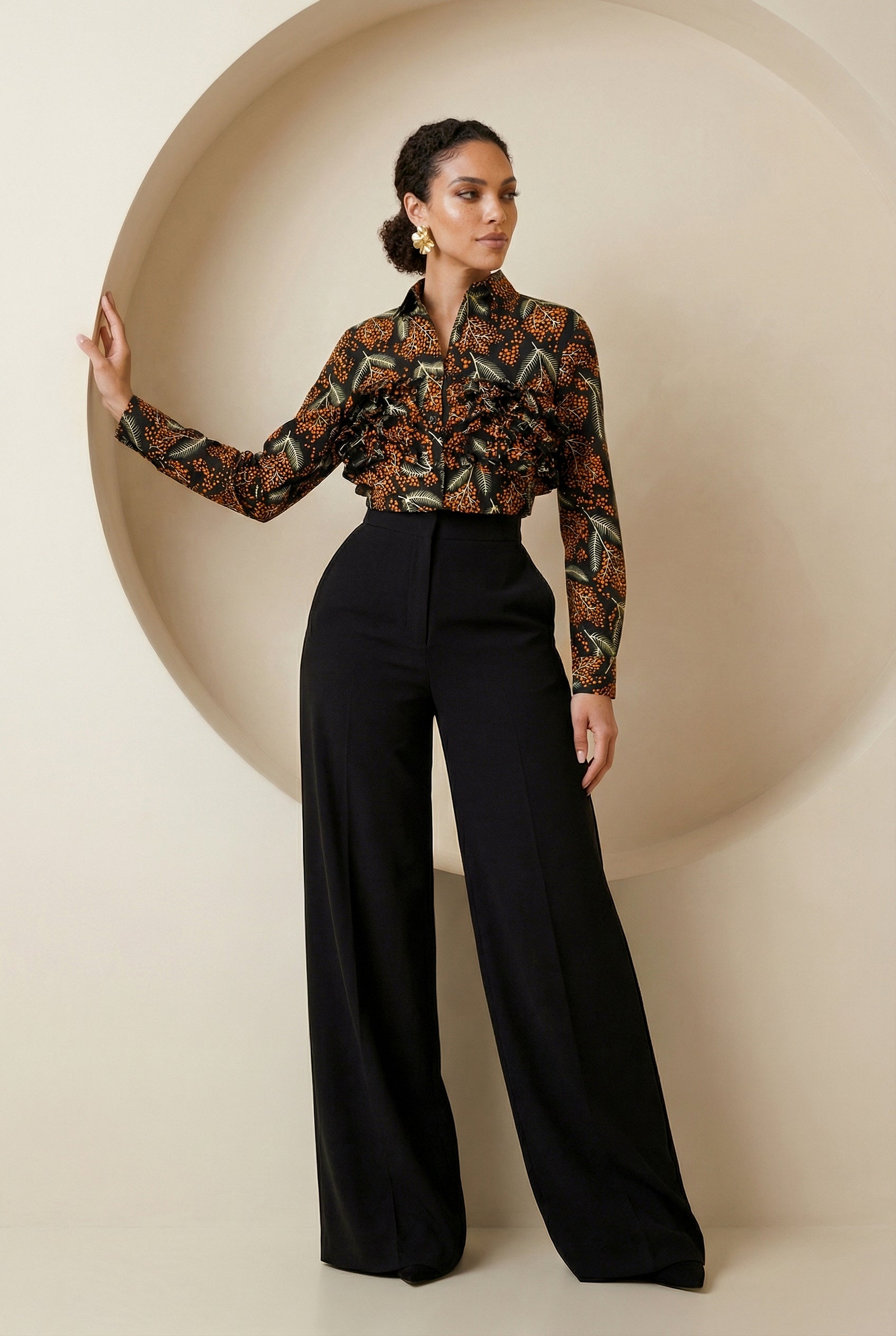 Oriva Print Ruffle Cropped Shirt