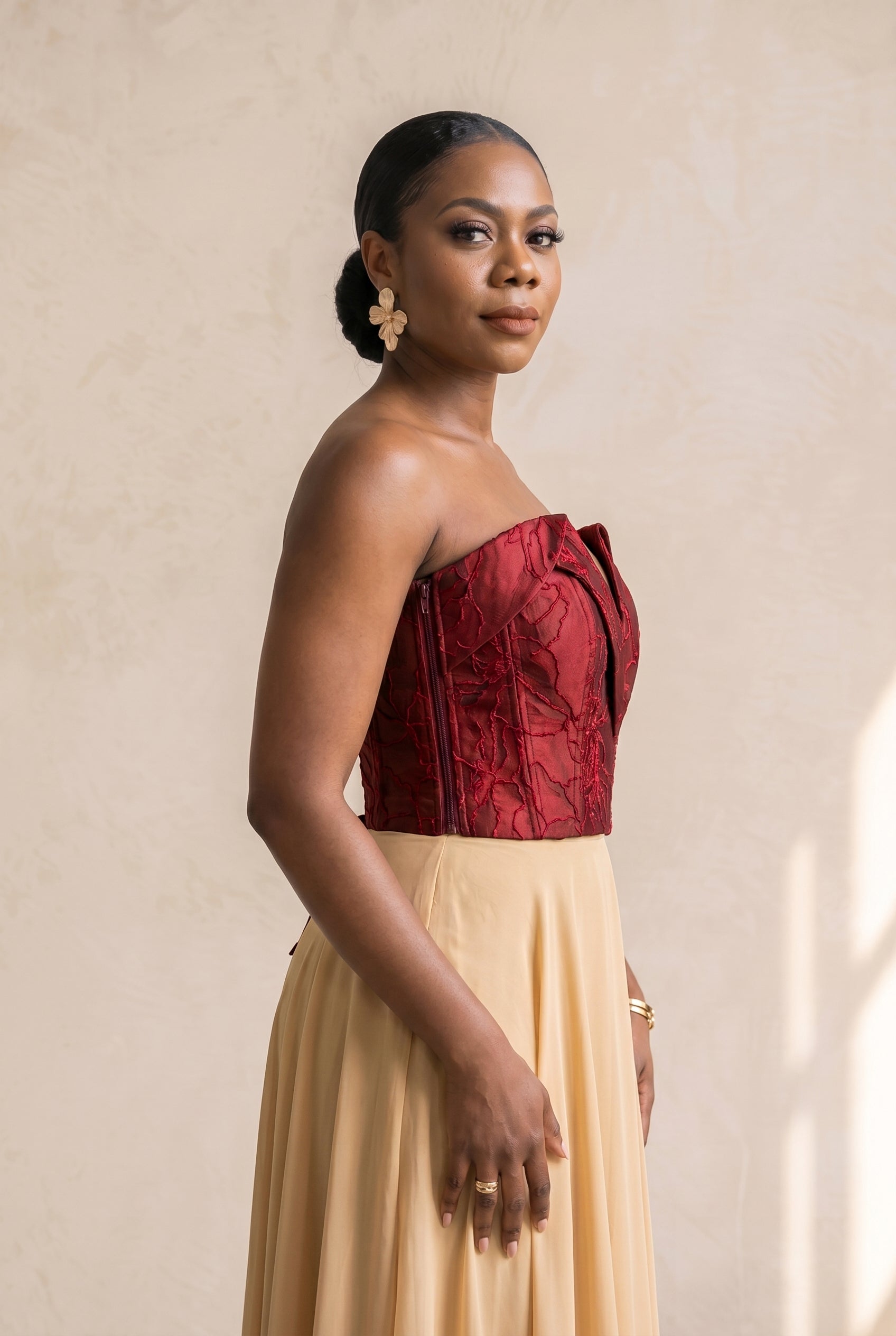 Deep Red Floral Jacquard Bustier