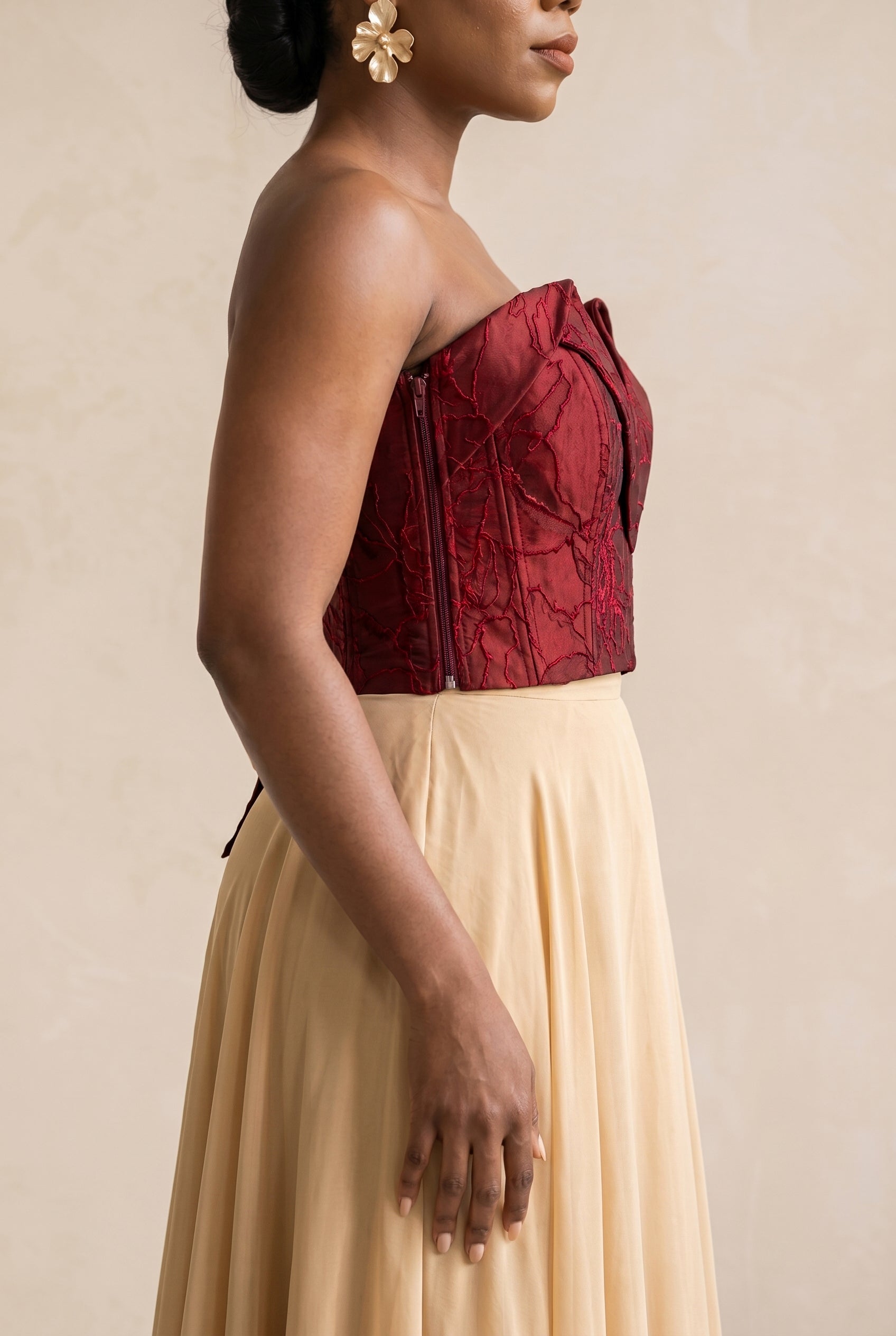 Deep Red Floral Jacquard Bustier