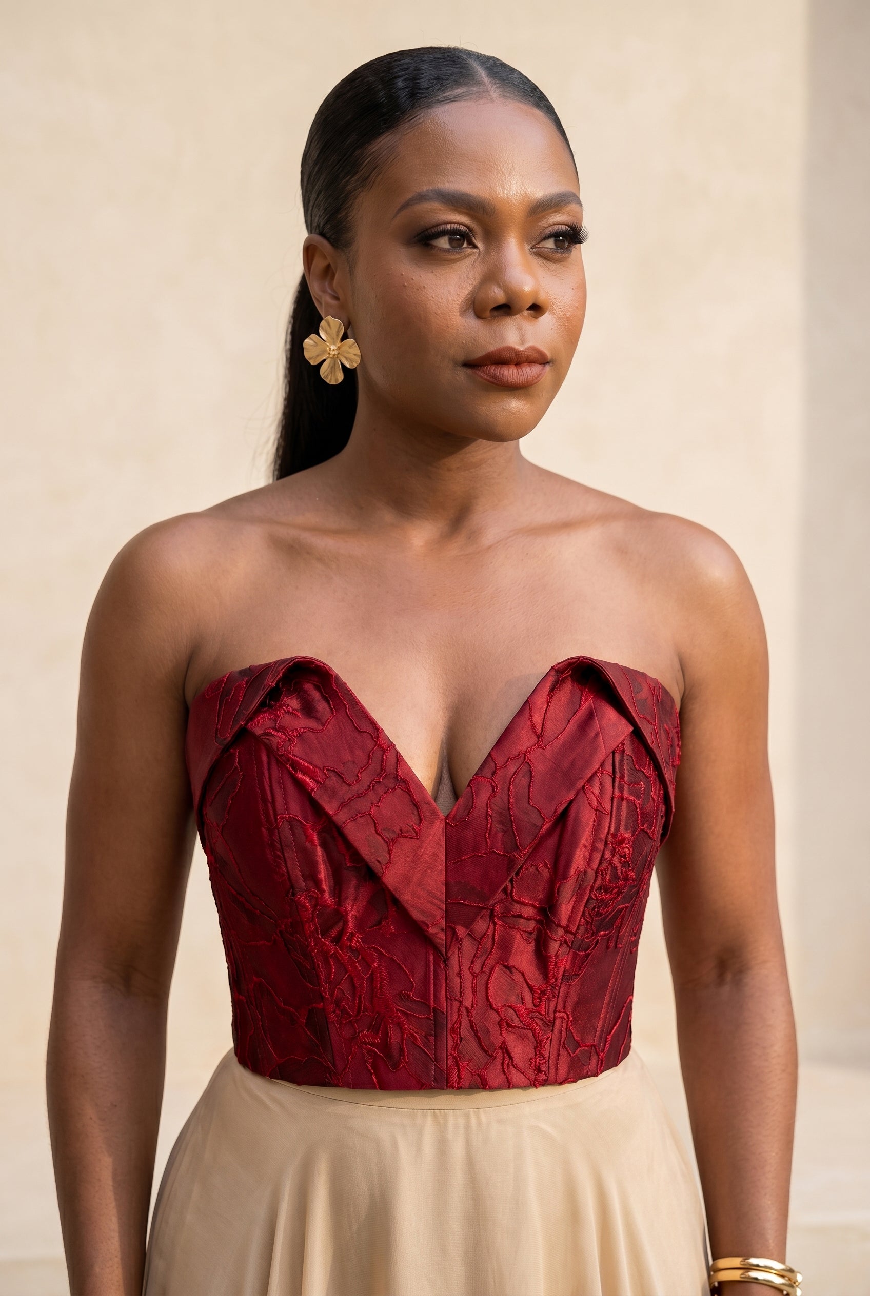 Deep Red Floral Jacquard Bustier