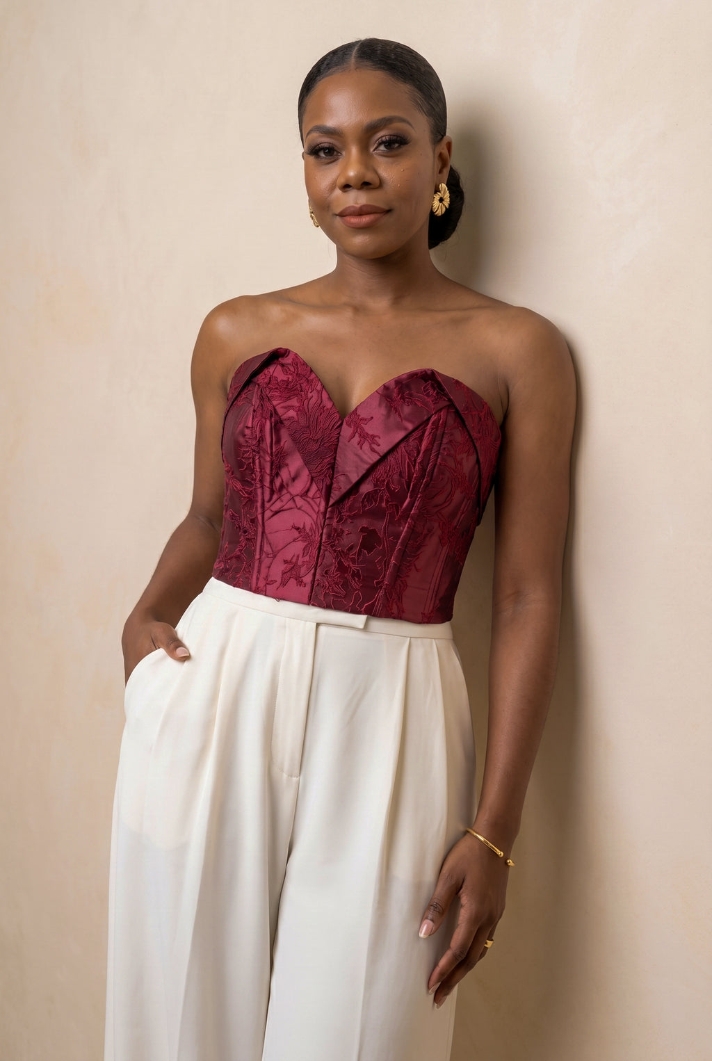 Bordeaux Floral Jacquard Bustier