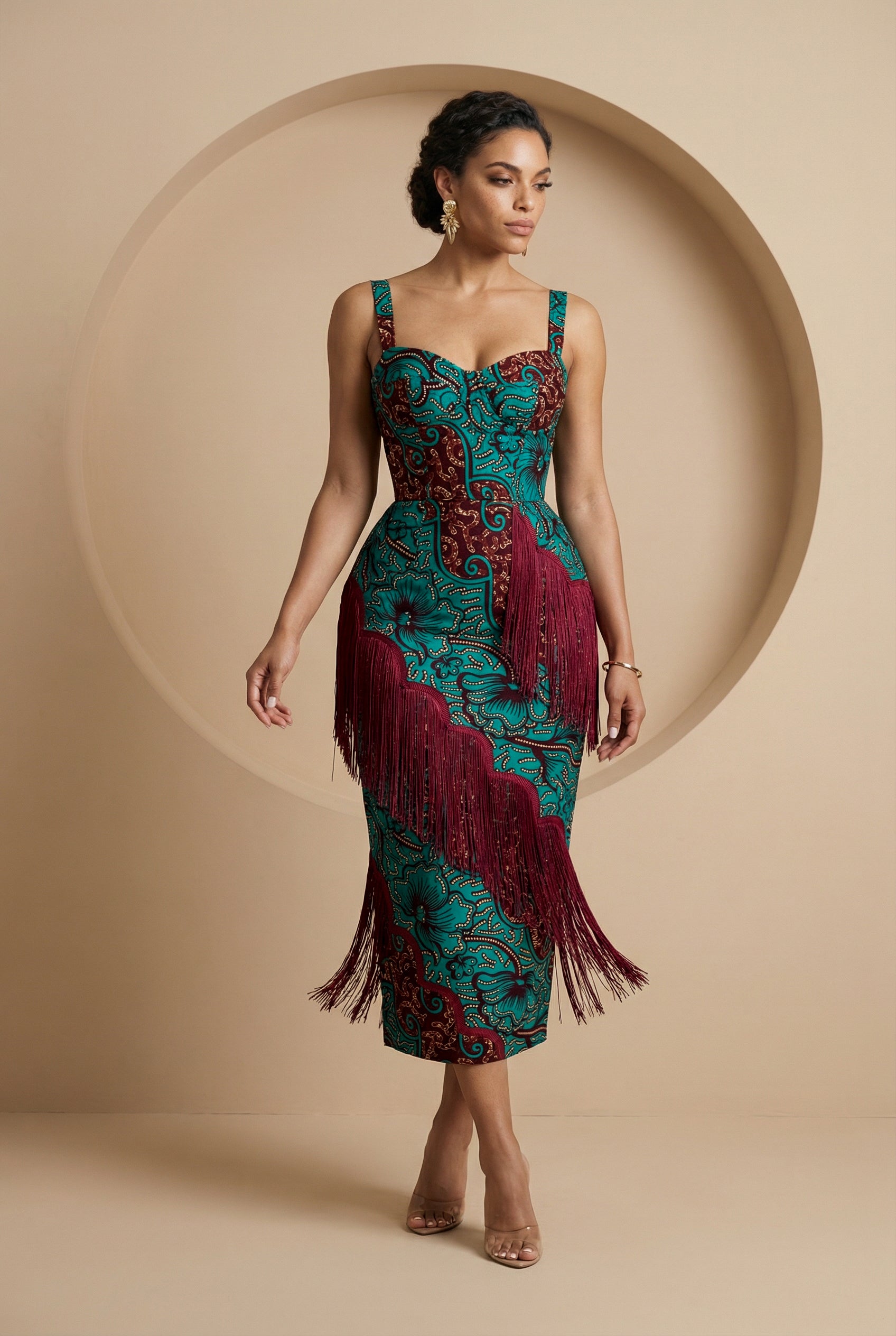 Ellmira Fringe Detail Strap Midi Dress