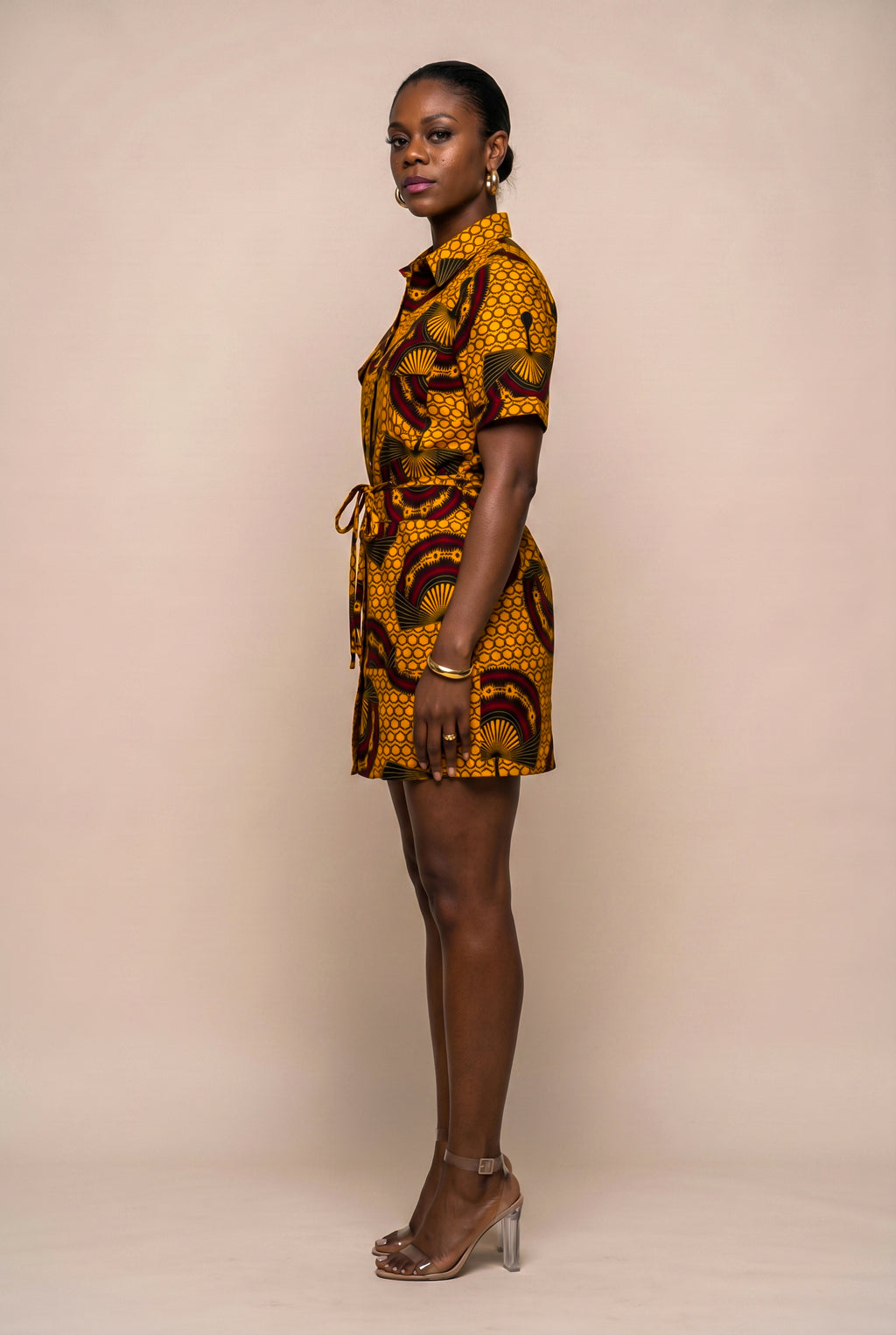 African Print Utility Shirt Dress - Mustard