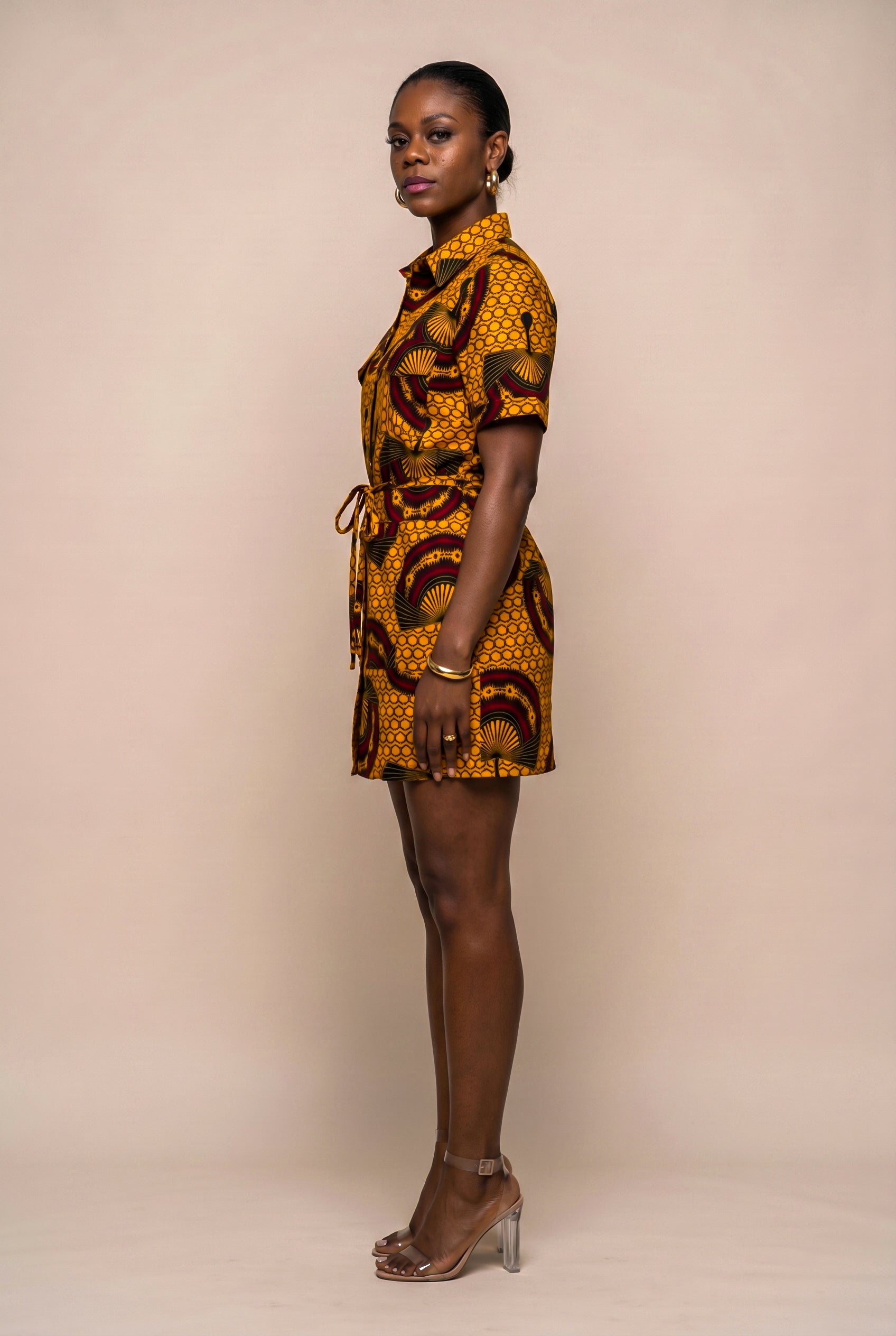 African Print Utility Shirt Dress - Mustard