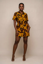 African Print Utility Shirt Dress - Mustard