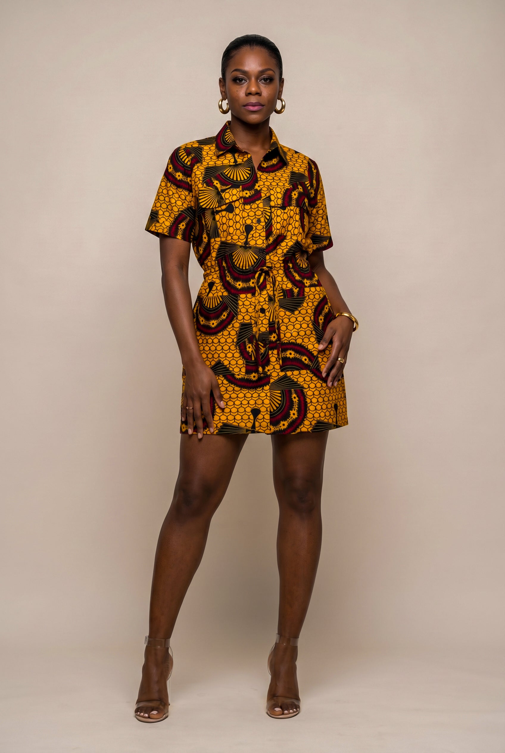 African Print Utility Shirt Dress - Mustard