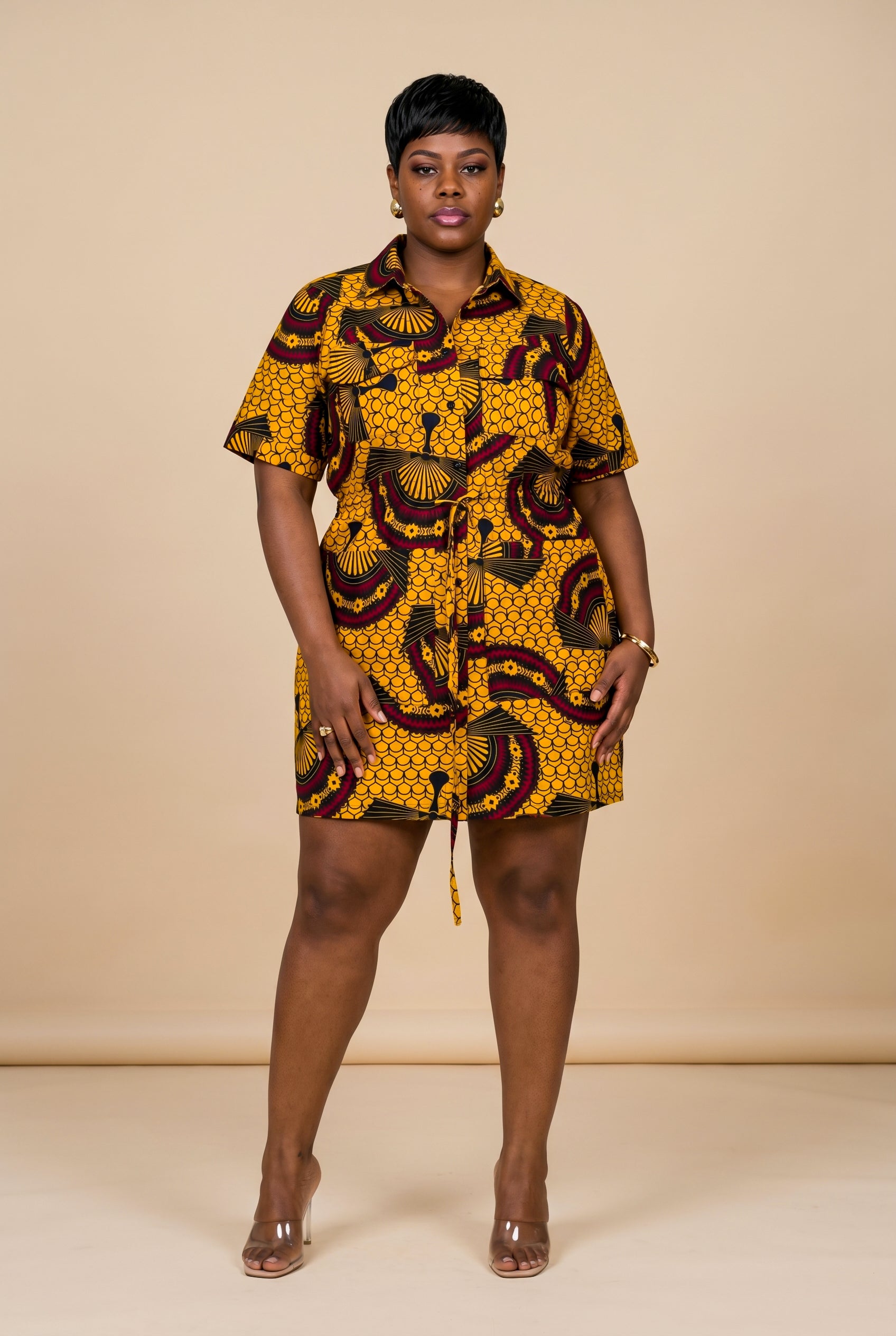 African Print Utility Shirt Dress - Mustard