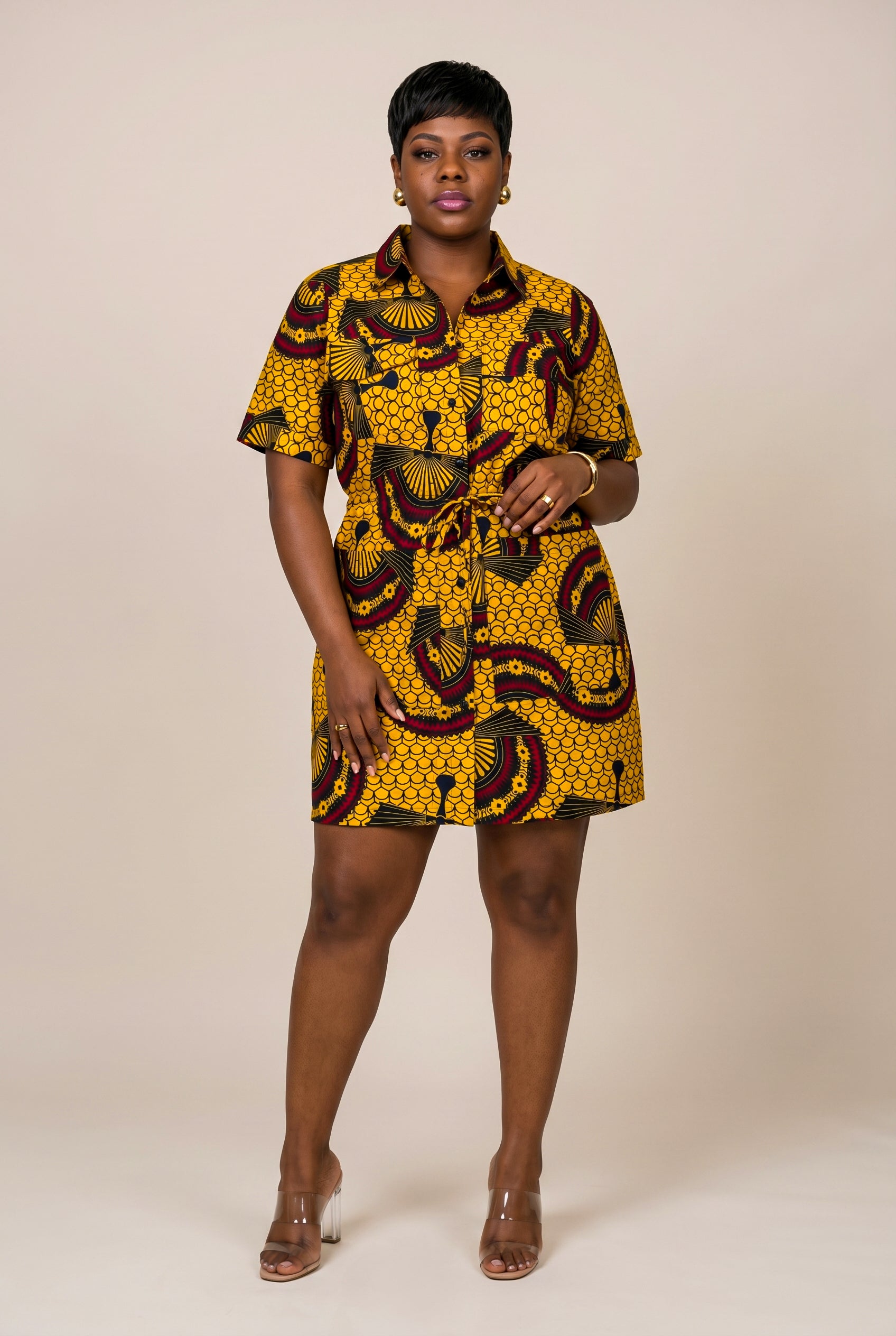 African Print Utility Shirt Dress - Mustard